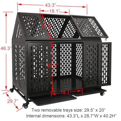 44 inch Heavy Duty Dog Crate with Wheels, Indestructible Escape-Proof Dog Kennel with Locking Latch and Double Door, Large XL Cage Indoor for Large and Medium Dog with Removable Tray - size: 43.3"L x 29.7"W x 46.3"H
