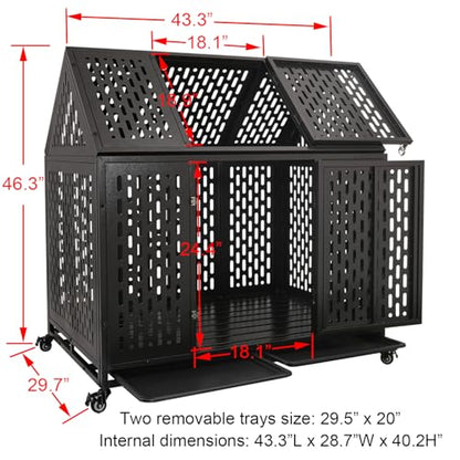 44 inch Heavy Duty Dog Crate with Wheels, Indestructible Escape-Proof Dog Kennel with Locking Latch and Double Door, Large XL Cage Indoor for Large and Medium Dog with Removable Tray - size: 43.3"L x 29.7"W x 46.3"H