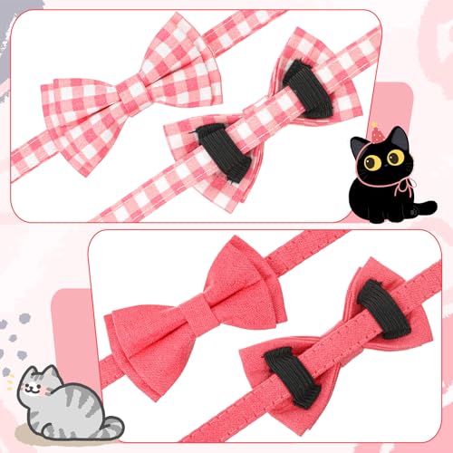 2 Pcs Pink Bow Tie Cat Collar with Bell Breakaway, Bowtie Plaid Cat Collar with Cats Buckle, Cute Kitten Bow Tie Collars, Soft Adjustable Cats Collars (Pink) - color: Pink