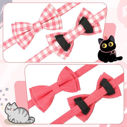 2 Pcs Pink Bow Tie Cat Collar with Bell Breakaway, Bowtie Plaid Cat Collar with Cats Buckle, Cute Kitten Bow Tie Collars, Soft Adjustable Cats Collars (Pink) - color: Pink