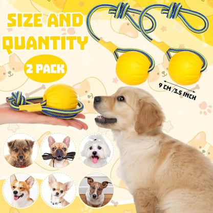 Hsei 2 Pcs Large Dog Ball on a Rope Rubber Dog Toy with Handle Ball Yellow Floats in Water for Tug Training Rewards Interactive Pet Fetch Catch Throw Outdoor Puppy Teething Medium Pet - size: Large