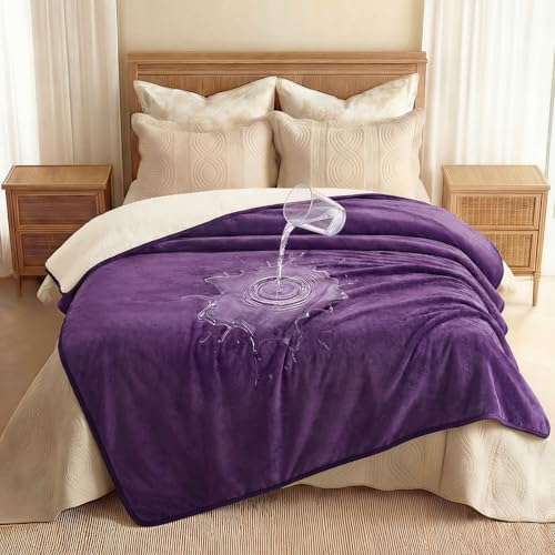 Luciphia Waterproof Blanket for Dog Washable Reversible Sherpa Fleece Throw Blanket for Bed Couch Soft Liquid Pee Proof Furniture Cover Protector for Small Medium Large Pet Cat Purple 65" x 57" - color: Purple+white, size: L (65" x57")