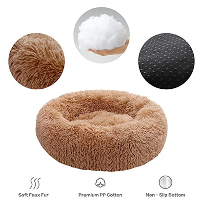Calming Donut Dog Bed for Small to Medium Dogs & Cats - Plush Faux Fur Anti-Anxiety Pet Bed with Machine Washable Cover & Non-Slip Base - color: Brown, size: X-Small 15.7''