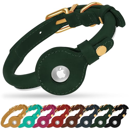 OOPSDOGGY Rolled Leather Dog Collar with Airtag Holder - Reflective Round Airtag Dog Collar - Soft Tracking Pet Collar for Small Dogs Puppy Cats Kitten (Green, XS, 8"-11") - color: Green, size: XS, 8"-11"