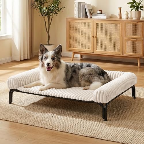Elevated Dog Bed with Removable Fluffy Pillow Cushion, Raised Pet Cot Washable Bolster, Dog Couch Sofa, Anti Slip Feet, Breathable Mesh, Cream, 43"×32" - color: cream, size: L(43"×32"×8")