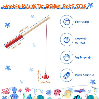 4 Pieces Magnetic Fishing Poles Wooden Magnet Fishing Rods Magnetic Fishing Games for Wooden Magnetic Fishing Games for Kindergarten Preschool Boys Girls