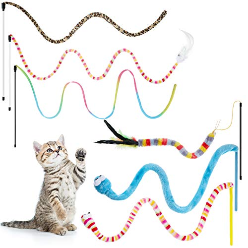 Sumind 6 Pieces Cat Toys Interactive Cat Wand Toys with Feather and Bell Safe Teaser Catcher Stick Toy Colorful and Sounding Christmas Wand for Cats Kittens Training Pets Exerciser