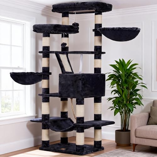 Heybly Cat Tree, 68 inch Multi-Level Cat Tower for Indoor Cats, 2 Widened Plush Perches Cat Condo with Scratching Board and Big Caves, Smoky Gray HCT025G - color: Smoky Gary, size: 68 inch