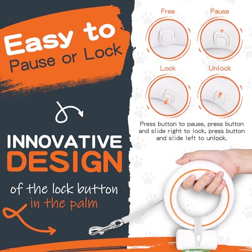 UFO Retractable Dog Leash Hands Free Wearable Laisse Chien with Poop Bag Holder One-Handed Brake Pause Lock 360° Tangle Free 10 ft Strong Nylon Tape Dog Leash for Up to 66lbs Medium Small Dogs - color: Orange