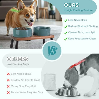 SPUNKYJUNKY Ceramic Elevated Dog Bowls Raised with Acacia Bamboo Wooden Stand, 6.1'' Dog Cat Food Water Bowls Set Non-Slip for Small Medium Sized Breed Microwave Dishwasher Safe - 28.7 OZ,Dark Green - color: Dark Green, size: 6.1 in - Dual