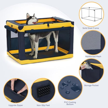 Soft-Sided Dog Crate 40 Inch XL by A4PET, Collapsible Foldable Crate for Large Dogs, Breathable Mesh, Washable Cover, Patented Screw Frame, Travel & Car Safe - color: Blue+Yellow, size: 40.0"L x 25.0"W x 25.0"H