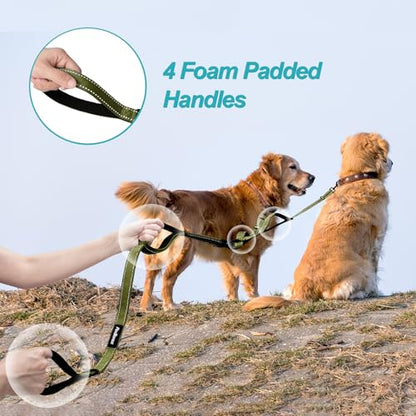 Double Dog Leash, No Tangle Dual Leash, Reflective Walking Training Lead, 4 Comfortable Padded Handles for 2 Dogs with Collapsible Bowl and Waste Bags (Army Green, Large) - color: Army Green