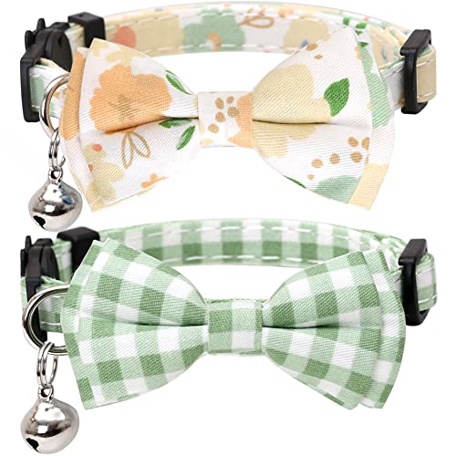 2 Pack/Set Cat Collar Breakaway with Cute Bow Tie and Bell Plaid Flower for Kitty Adjustable Safety - color: Green