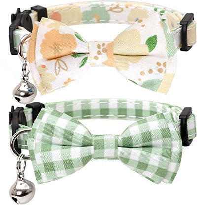 2 Pack/Set Cat Collar Breakaway with Cute Bow Tie and Bell Plaid Flower for Kitty Adjustable Safety - color: Green