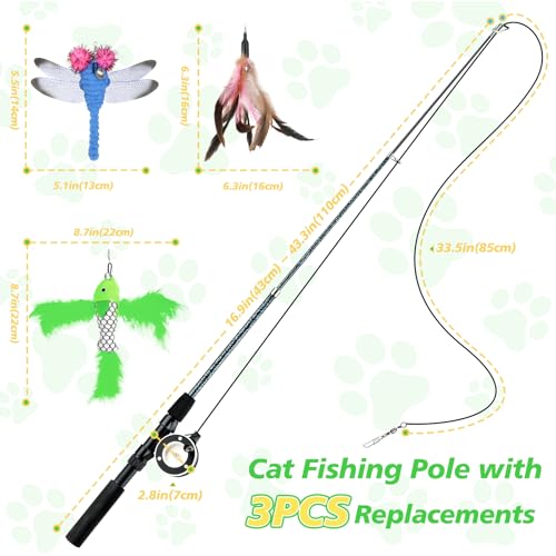 Pawaboo Interactive Cat Toy, Retractable Cat Fishing Rod with 3 Replacement Fishing Lures Made of Feathers and Bells, Adjustable Line Length, Feather Teaser for Cats, Kittens, Fun, Blue - color: Bionic Pink Feather