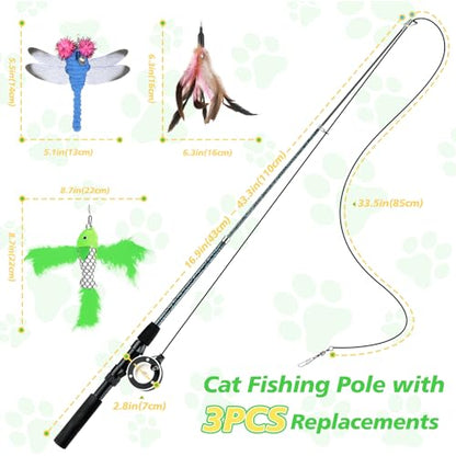 Pawaboo Interactive Cat Toy, Retractable Cat Fishing Rod with 3 Replacement Fishing Lures Made of Feathers and Bells, Adjustable Line Length, Feather Teaser for Cats, Kittens, Fun, Blue - color: Bionic Pink Feather