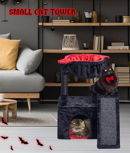 SYANDLVY Gothic Cat Tree for Indoor Cats Large Adult, Modern Activity Tower with Scratching Posts & Board, Condo with Plush Perch, Cradle & Hanging Ball & Spider for Play, Black - color: Black