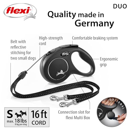 FLEXI New Classic Cord Retractable Double Dog Leash for Small Dogs Upto 18 lbs. – 16 ft., Black | Tangle Free Pet Walking Leash with One-Handed Brake, Pause, Lock