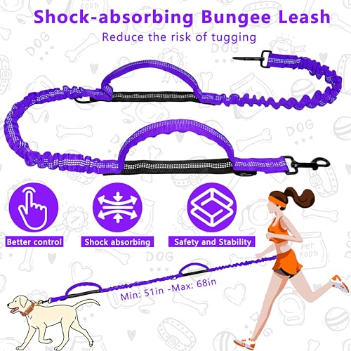 Hands Free Dog Leash with Zipper Pouch, Running Waist Leash for Dog Walking, Adjustable Waist Belt for Large Dogs, Reflective Bungee Design with Two Handle for Hiking, Training, Purple - color: Purple