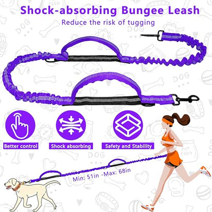Hands Free Dog Leash with Zipper Pouch, Running Waist Leash for Dog Walking, Adjustable Waist Belt for Large Dogs, Reflective Bungee Design with Two Handle for Hiking, Training, Purple - color: Purple