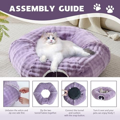 Bubble Cat Tunnel for Indoor Cats, Round Peekaboo Cave Toy with Dangling Balls, Donut Tunnel Bed with Circle Mat for Puppy Kitten Rabbit, Dusty Purple - color: Dusty Purple