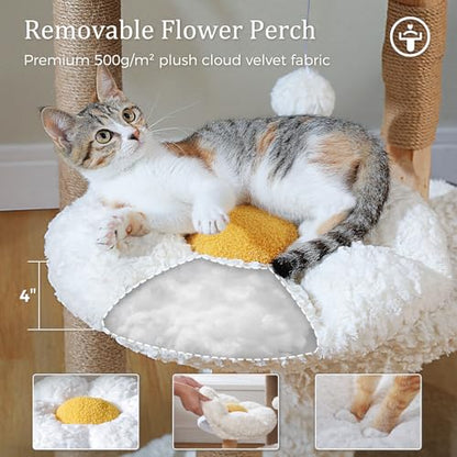 PETEPELA Modern Cat Tree Tower for Indoor Large Cats w/Removable Flower Perch, Real Solid Wood Cat Scratching Posts, Boho Ratten Cat Furniture w/Cozy Condo & Wicker Basket Bed, White - color: Cloud White