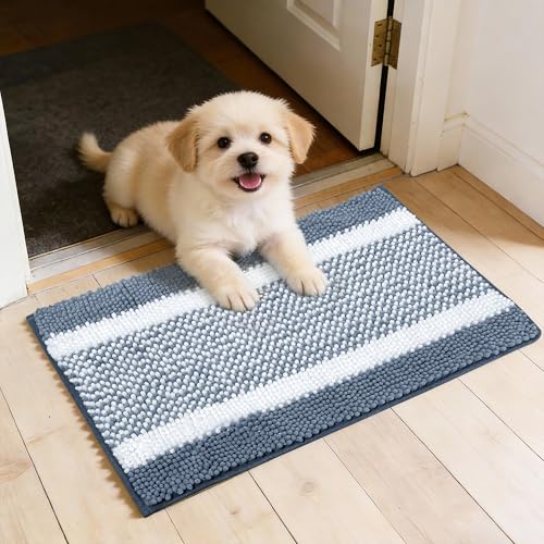 Dog Door Mat for Muddy Paws - Absorbent Quick-Dry Non-Slip Washable Chenille Pet Rug, Indoor Entryway Mat for Front Door & Crate (Blue White, 24" L*16" W) - color: Blue White, size: 24"L*16"W