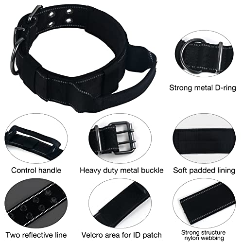 Reflective Dog Collar Heavy Duty Tactical with Control Handle and Metal Buckle for Dog Training(Large, Black) - color: Black, size: Large (Pack of 1)