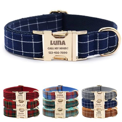Custom Dog Collar with Name and Phone Numbers - Personalized Laser-Engraved Plaid Polyester Collar with Metal Buckle and D-Ring (Style-D, M (11-16 Inches)) - color: Style-D, size: M (11-16 Inches)