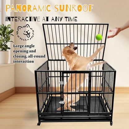 46" Heavy Duty Dog Crates Dog Cage for Large Dogs with Lockable Wheels Removable Tray Escape Proof Dog Cage Dog Kennel Indoor and Outside Suitable for High Anxiety Dogs Double Doors 94.1lbs