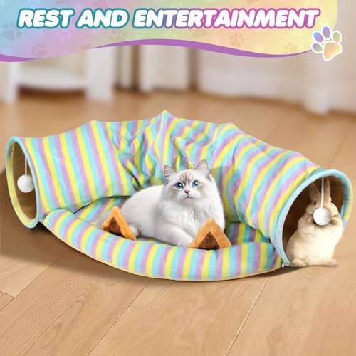 Spardar Bunny Tunnel Bed, 2-in-1 Collapsible Tunnel Tubes Toys, Washable, with Removable Mat Hideout, Interactive Toys for Rabbits Chinchilla Hedgehog Guinea Pigs Kitty, Stripe - color: Stripe
