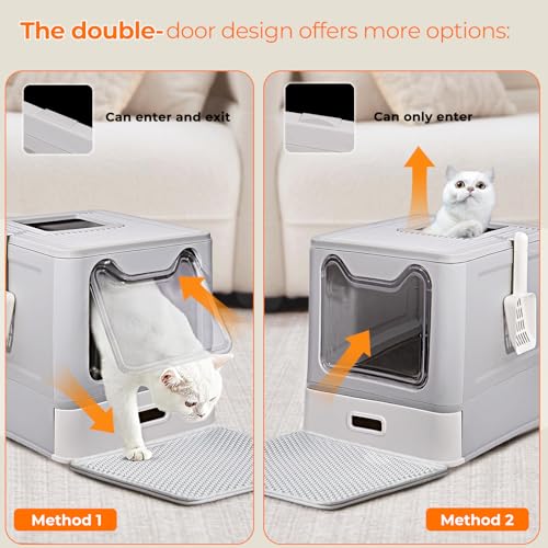 Stainless Steel Litter Box with Lid and Pull-Out Drawers, XL Metal Litter Box Top Entry for Big Cats, Leak-Proof Baffles for Easier Cleaning, with Litter Mat & Scoop - size: top entry