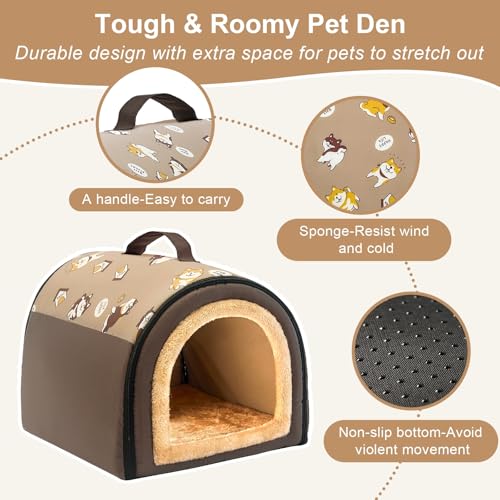 Jiupety Cozy Small Pet Dog House, 2 in 1 Puppy House, S Size for Cat and Puppy, Warm Cave Sleeping Nest for Cats and Dogs, S(14"×12"×11"), Up to 5 Lb, Brown - style: S