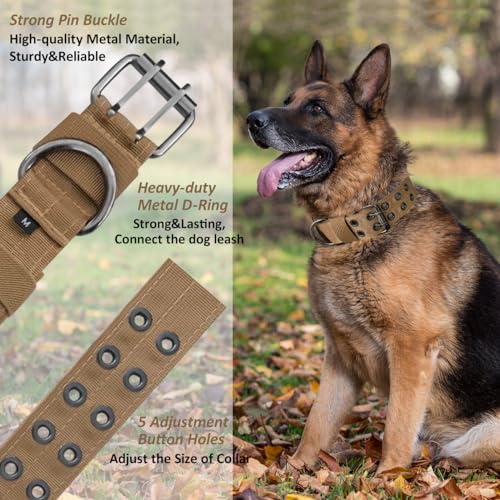 Tactical Dog Collar Military Adjustable Dog Collars Soft Nylon Training Collar with Patch Heavy Duty Metal Buckle Collars for Medium Large Dogs (Brown, M) - color: Brown, size: M