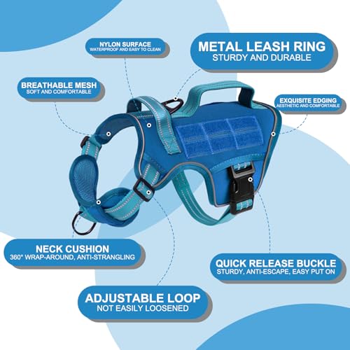 Small Dog Harness, Heavy Duty Tactical No Pull Dog Harness, No Choke, Easy On and Off Pet Vest with Molle System, Adjustable Reflective Dog Vest with Breathable Padded for Walking Hiking Training - color: Blue, size: S(Neck:16-22",Chest:20-28"),18-35 lbs