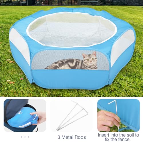 Pawaboo Small Animals Playpen, Waterproof Small Pet Cage Tent with Zippered Cover, Portable Outdoor Yard Fence with 3 Metal Rod for Chick/Kitten/Puppy/Guinea Pig/Rabbits/Hamster/Chinchillas,Light Blue - color: C-Light Blue
