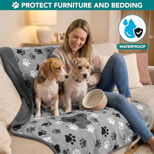 PetAmi Waterproof Pet Blanket Dog Bed Couch Cover for Furniture, Reversible Washable Soft Fleece - color: Paw Print Gray, size: Large (40x60)