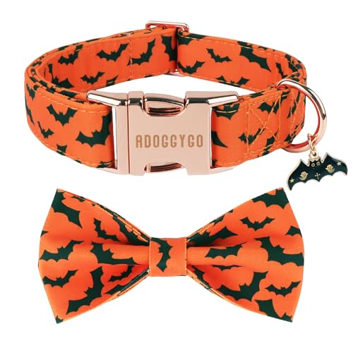 ADOGGYGO Halloween Dog Collar with Bow, Detachable Bat Print Bowtie Charm, Metal Buckle, Adjustable Orange Halloween Collars for Small Dogs Boy Girl (Small) - color: Halloween, size: Small