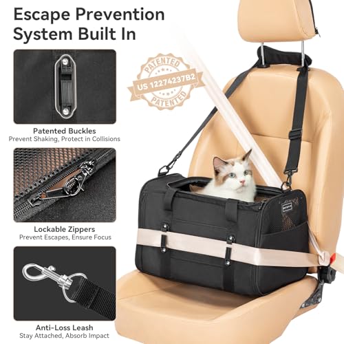 PETSFIT Soft-Sided Cat Carrier with Patented Safety Buckles, Lockable Zippers & Safety Tether,Escape-Resistant Travel Pet Carrier for Car Rides & Vet Visits, Airline Approved Under-Seat, Up to 12 lbs - color: Black, size: Medium