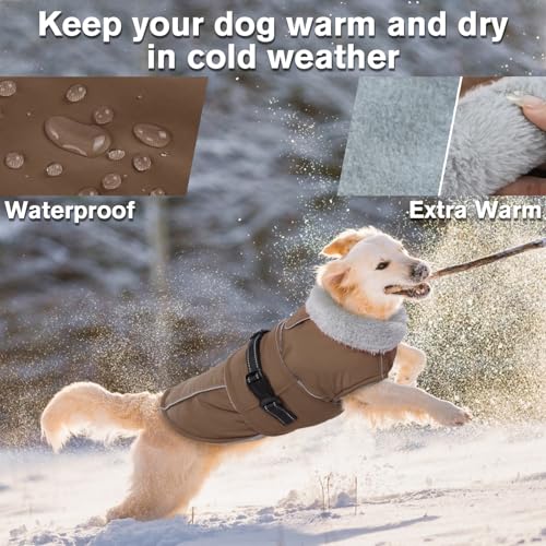 Lelepet Warm Dog Coats for Medium Dogs Waterproof Dog Jacket Reflective Pet Fleece Vest Windproof Cold Weather Coats with Adjustable Buckle & Leash Hole, Brown, M - color: Brown, size: M