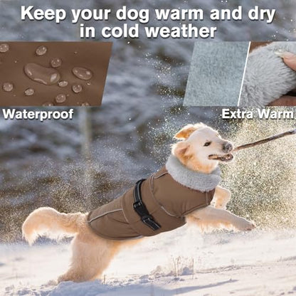 Lelepet Warm Dog Coats for Small Dogs Waterproof Dog Jacket Reflective Pet Fleece Vest Windproof Cold Weather Coats with Adjustable Buckle & Leash Hole, Turtleneck Doggy Snowsuit, Brown, S - color: Brown, size: S