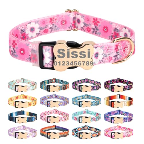 Personalized Custom Customized Silent No Jingle Dog Collar with Engraved ID Dog Name Phone Number/Dog Collars for Puppy X-Small Small Medium Large X-Large Boy Girl Dogs-New Pink Flower-S - color: 1 New Pink Flower, size: Small (0.6" * 10"-15.3")