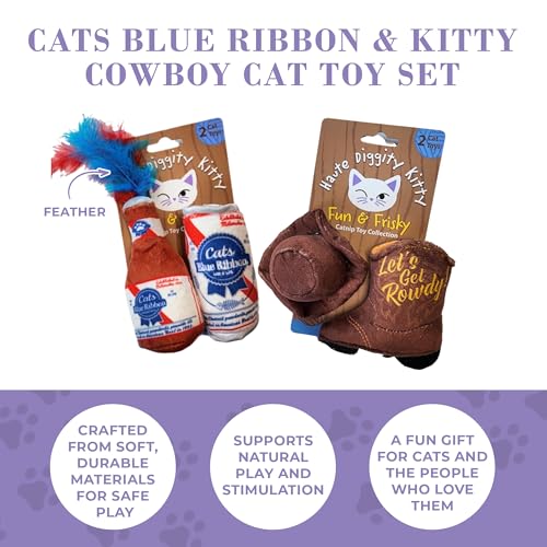 Haute Diggity Kitty Cats Blue Ribbon + Kitty Cowboy Set, Plush Cat Toys Catnip Filled with Interactive Crackle Sound, Safe & Durable Toys for Cat & Kitten, 4 Pcs - style: Cats Blue Ribbon + Kitty Cowboy