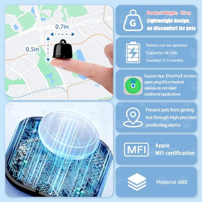 2026 Compact Cat Collar Tracker Set – Ultra Lightweight 0.1oz Reduces Pet Burden, Adjustable 7–13 Inch for Cats, Only Compatible with iPhone Find My App, Not Support Android Phones