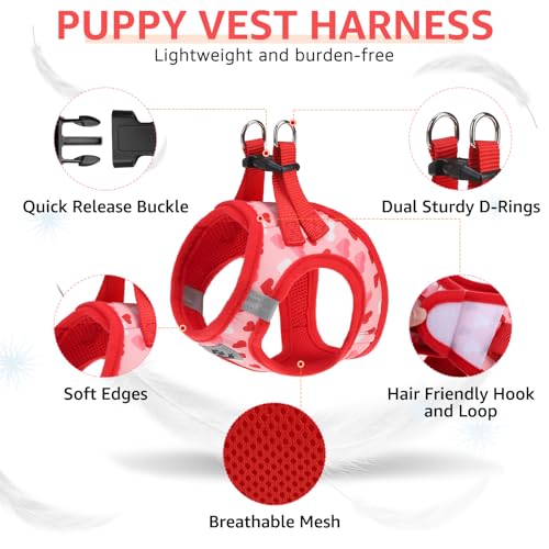 SCENEREAL Valentines Dog Harness Collar and Leash Set, Step in No Pull Soft Mesh Pet Harnesses for Small Medium Dogs Puppy Cats, No Chock Reflective Vest Harness - color: Pink Heart, size: M: Chest Girth: 16"-18"