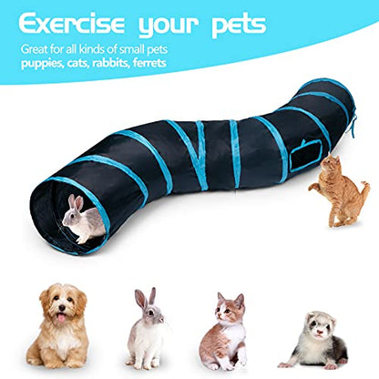 Sheldamy Cat Tunnel, S-2-Way Cat Tunnels for Indoor Cats, Collapsible Cat Play Tunnel, Interactive Toy Maze Cat House with 1 Play Ball for Cats, Puppy, Kitty, Kitten, Rabbit (Blue & Black) - color: S-2 Way Black & Blue