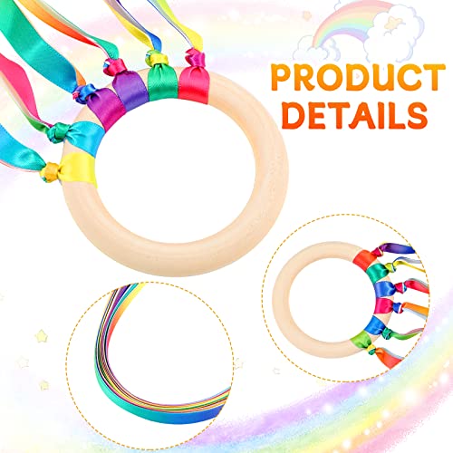 Sumind 6 Pcs Rainbow Ribbon Hand Kites Wands for Kids Dancer Streamer String Toy Thrown Waldorf Wand with Wooden Ring Wand Learning Educational(Warm Colors) - style: Warm Colors