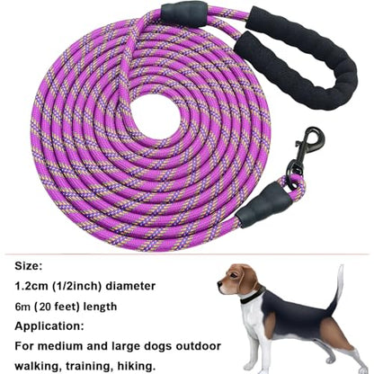 Heavy Duty Rope Dog Leash, 6/8/10/15/20/30 FT Long Dog Lead Nylon Pet Leash, Soft Padded Handle Thick Lead Training Leashes for Large Medium Dogs (20ft * 1/2", Purple) - color: purple, size: 1/2" * 20'
