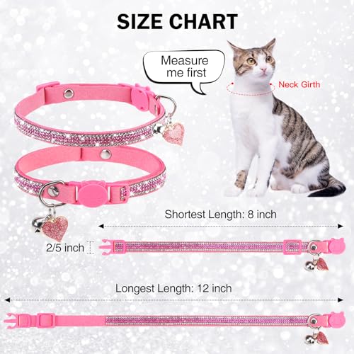 Rhinestone Cat Collar Breakaway with Bell Safety Buckle, 2 Pack Bling Diamond Kitten Collar for Gril Cats, Soft Velvet Female Cat Collars Adjustable 8-12 Inch, Pink - color: Rose Pink(2 Pack), size: 8"-12" Cats / Mini Dogs