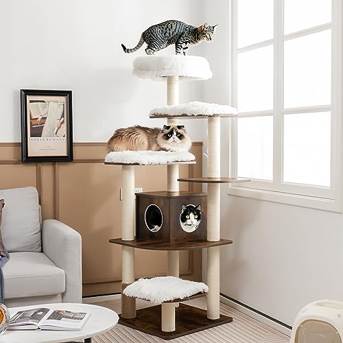 Tangkula Tall Cat Tree, 71-Inch Cat Tower with Multi-Layer Platform, Modern Wood Cat Tree with Sisal Scratching Posts, Self Groomer, Cat Condo, Washable Cushions for Large Cats 20 lbs Heavy Duty - color: Brown